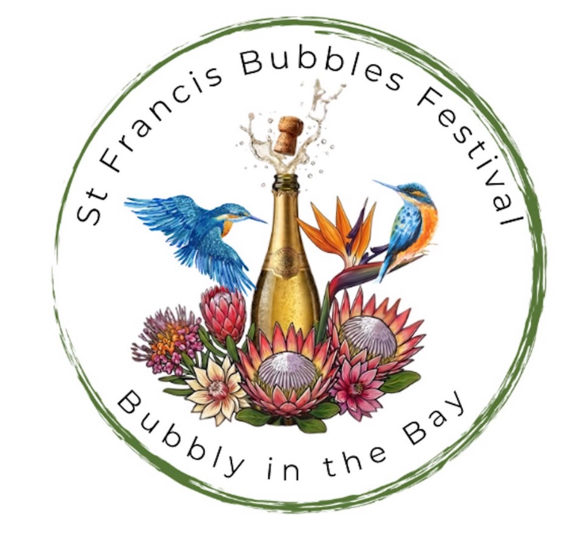 St Francis Bubbles Festival logo, Bubbly in the Bay, with protea and birds