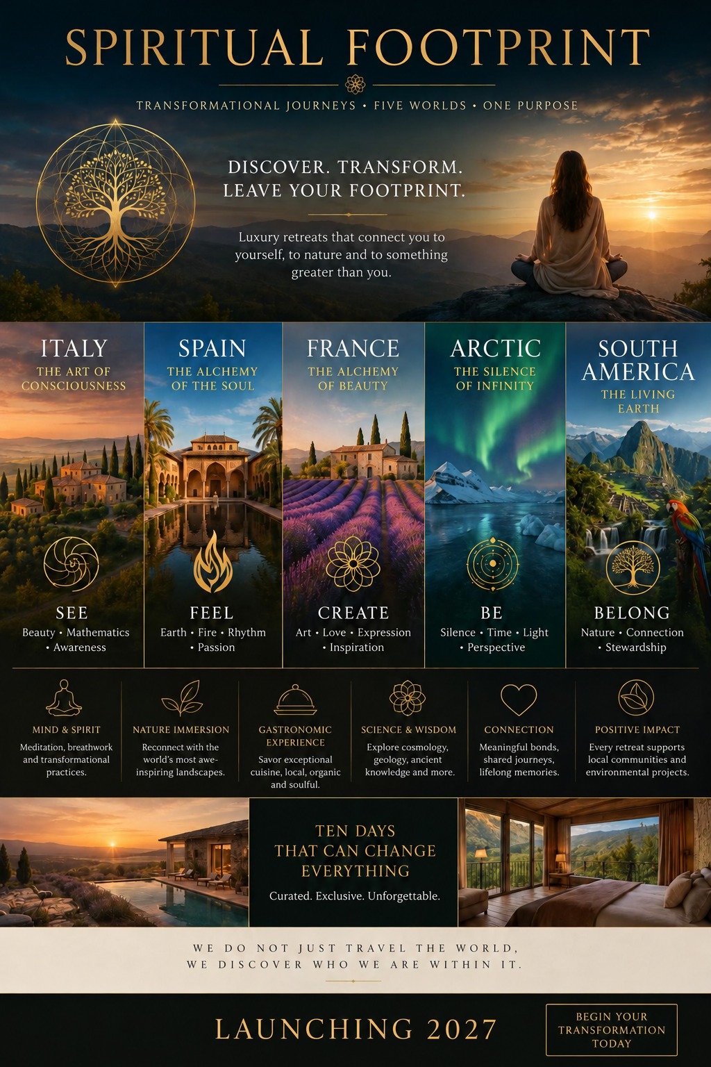 Spiritual Footprint retreat journeys overview poster, launching 2027