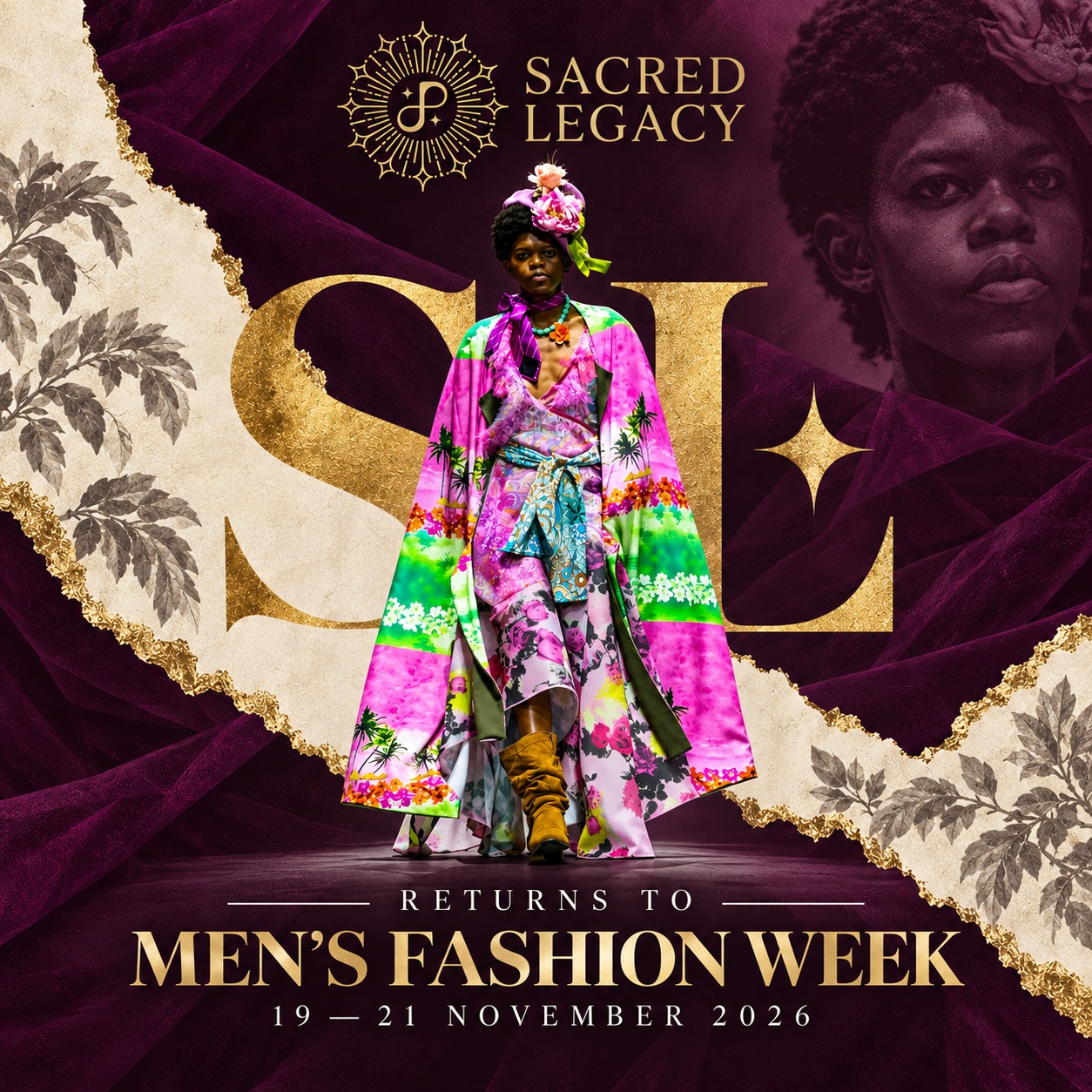 Sacred Legacy Men's Fashion Week poster with model in colourful suit