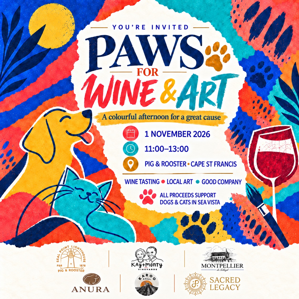 Paws for Wine and Art event poster with illustrated dog, cat and wine glass